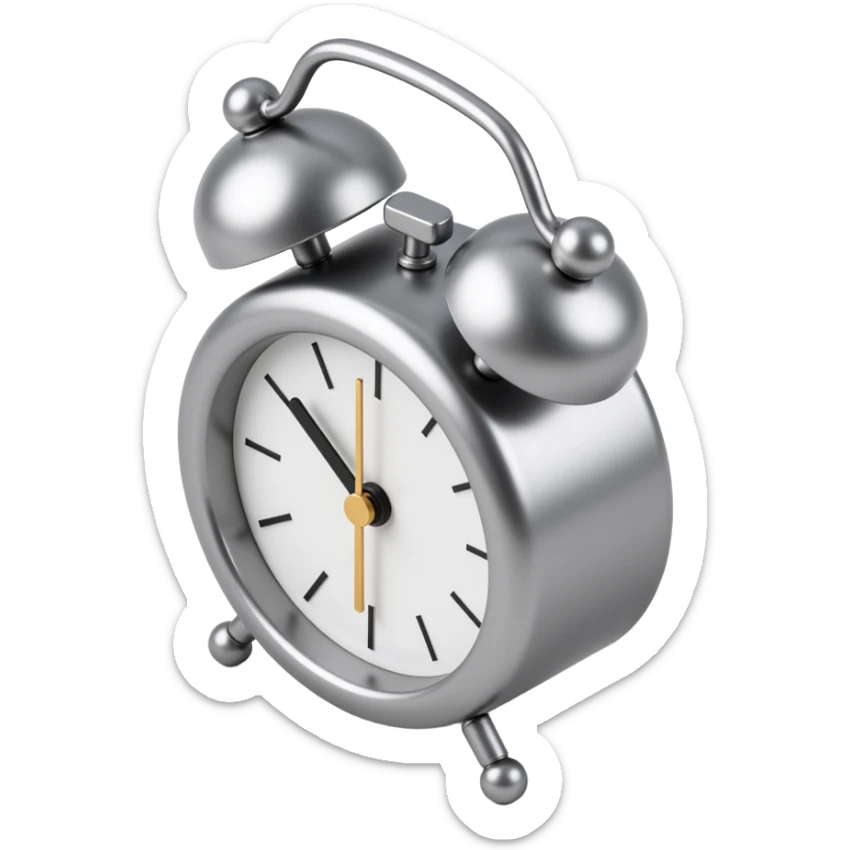 metallic, 3D alarm clock icon in skeuomorphism style, with shiny chrome details and a glass face sticker
