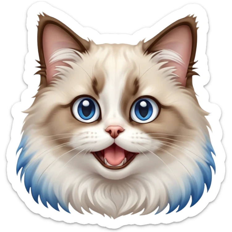 cinematic-adorable-big-eyed-fluffy-brown and white ragdoll-cat-portrait-emoji,-head-tilted-playfully-with-a-cute,-yawn,-soft-brown-and white-colored-fur-with-darker-points-on-the-ears,-simplified-yet-irresistibly-cute-features, sparkling blue eyes sticker