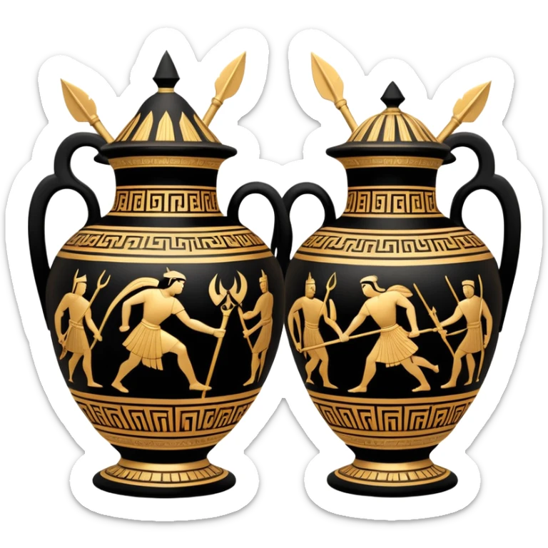 Cinematic-realistic Grecian urn, an exquisite black-figure pottery masterpiece resting in the dim glow of an ancient temple. Intricate golden depictions of two warrior fighting with spears and warriors encircle its curved form, telling timeless myths of heroism and tragedy.  sticker