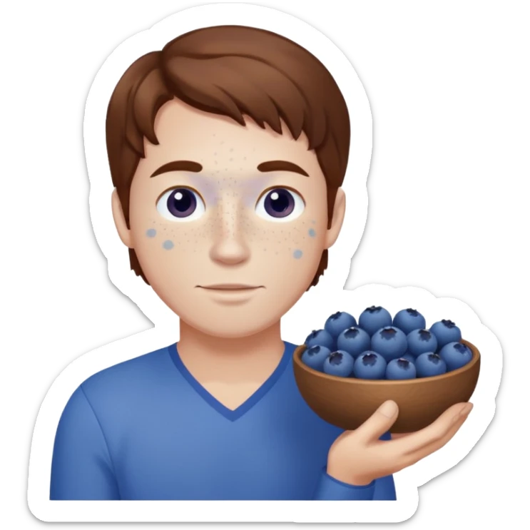 Man with brown hair and white skin with freckles, holding blueberries sticker