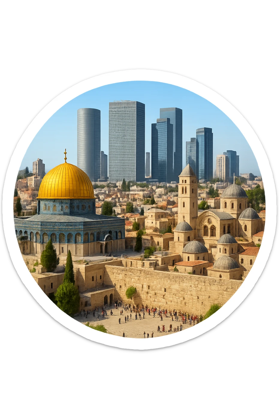 cinematic realistic emoji combining Jerusalem and Tel Aviv, wide city view with iconic landmarks Dome of the Rock, Western Wall, Church of the Holy Sepulchre, Tel Aviv skyline with Azrieli Center, lifelike detail, accurate colors, bright daytime lighting, fully transparent background, no sky, no clouds sticker