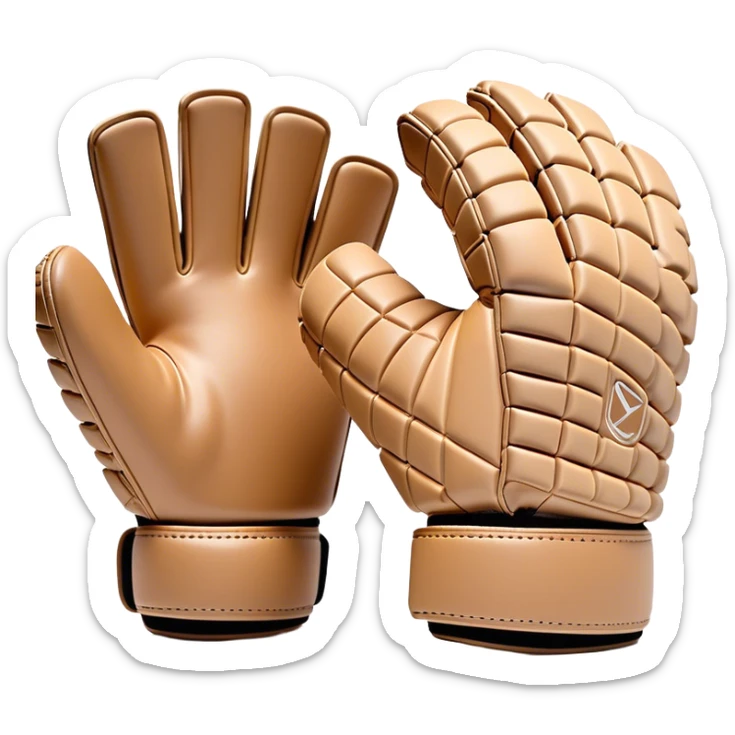 Cinematic Realistic image of goalie gloves showcasing detailed fabric textures and intricate grip patterns, rendered against a blurred goal backdrop with focused, high-contrast lighting that accentuates their essential design sticker