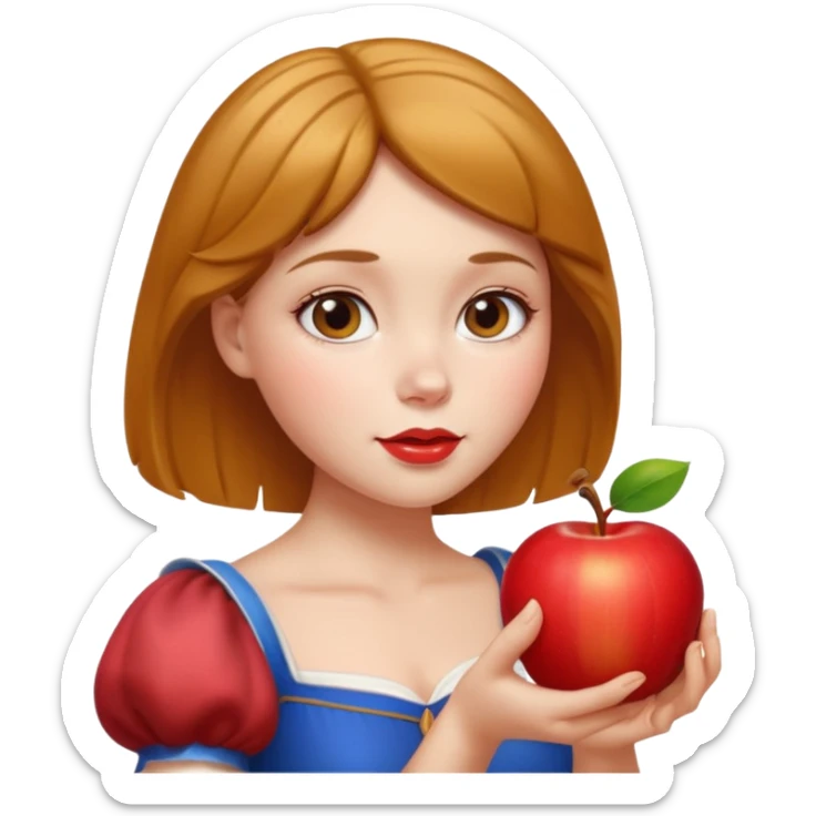 Create an emoji of Snow White holding a red apple, with short golden-brown hair. sticker