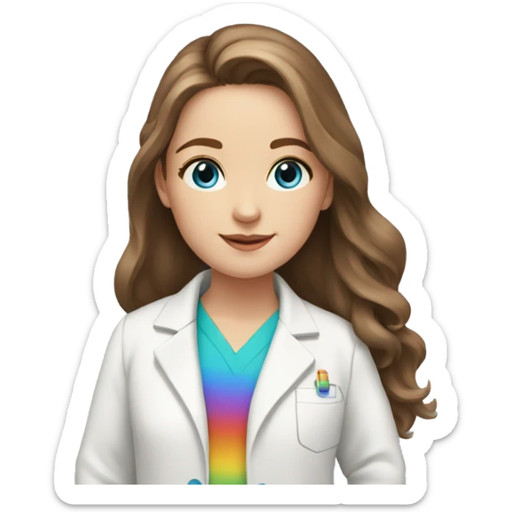White young girl with long brown hair and blue eyes wearing a rainbow pharmacist coat sticker