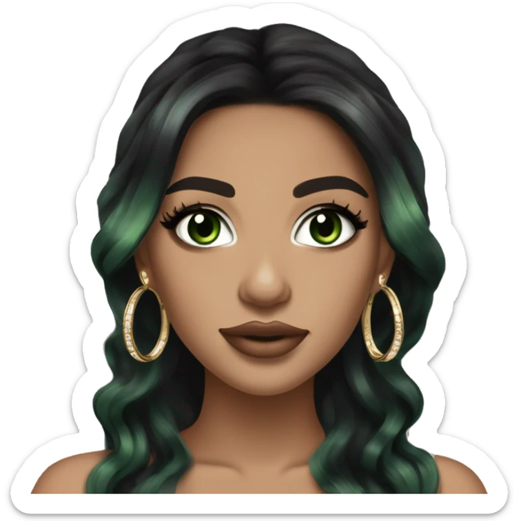Glamorous, streetwear or cocktail dress, black balayage hair, long wavy hair, olive skin, green almond eyes, winged eyeliner with big lashes, wearing hooped earrings, rings and bracelets  sticker