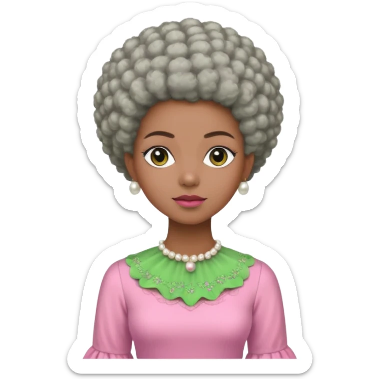 Pretty Brown woman with a very very short stylish gray Afro  wearing pink and green dress  and pearl blouse with sleeves sticker