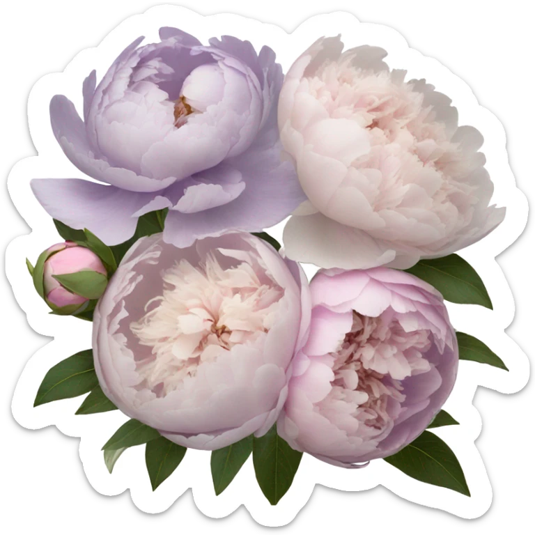 A vintage-inspired bouquet of pale violet and blush peonies resting on a lace-covered violet book. sticker