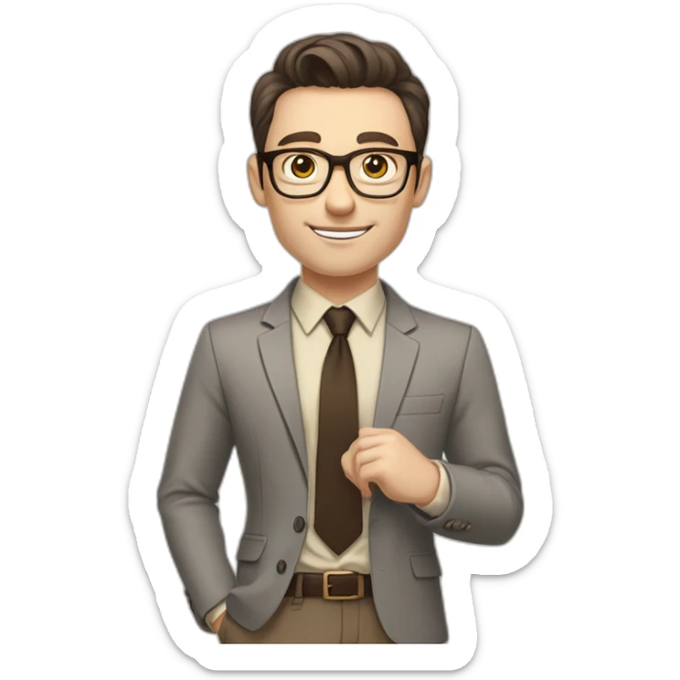 Pale skinned fit man with dark brown hair in gray jacket, beige office shirt, brown tie, brown pants and vintage glasses Writing on the flipchart sticker