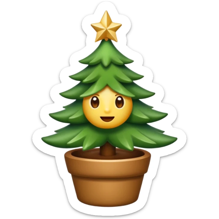 Un emoji représentant un petit sapin stylisé, sans bouche, avec deux grands yeux de biche brillants couleur cannelle. Style minimaliste, mignon et expressif, comme un sticker ou un emoji moderne. Fond parfaitement transparent, haute qualité, bien centré. sticker