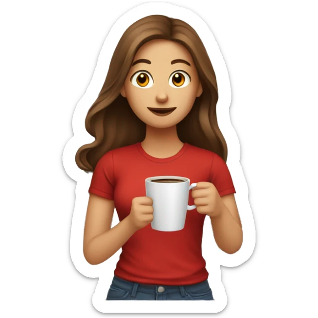 barista girl in a red t-shirt with long brown hair, with a cup of coffee in a hand sticker