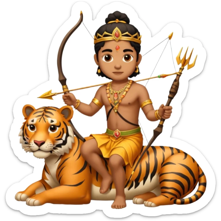 Ayyappa sitting on tiger with bow and arrow and wearing a gold and king dress sticker