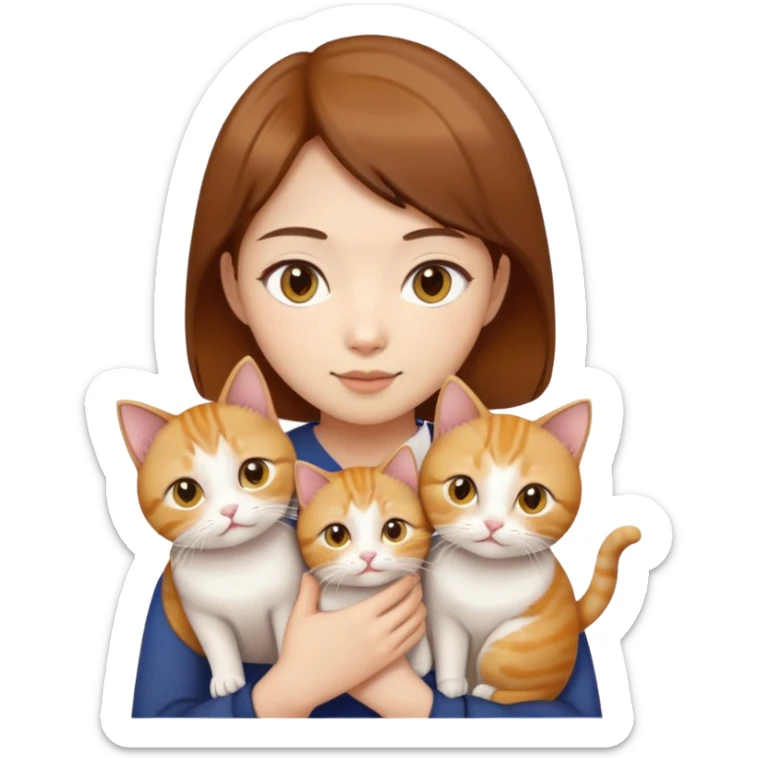 Asian girl, brown hair, brown eyes skin tone fair holding three cats one ginger, one yellow white one British short hair and cream colour sticker