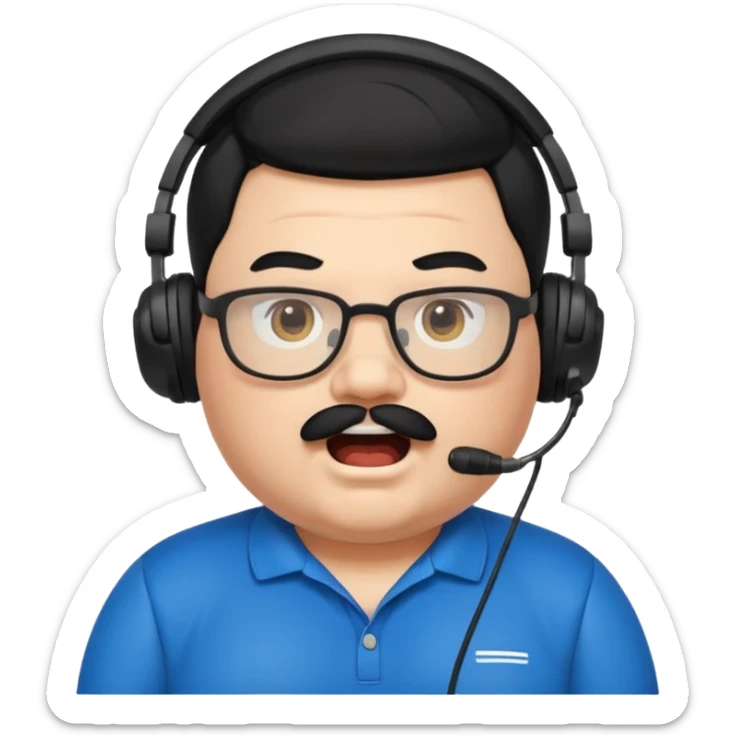 "A cartoon-style emote of a chubby streamer with black hair, mustache, and glasses, wearing a headset and a black Puma shirt. He has a shocked facial expression with wide eyes and an open mouth.

 sticker