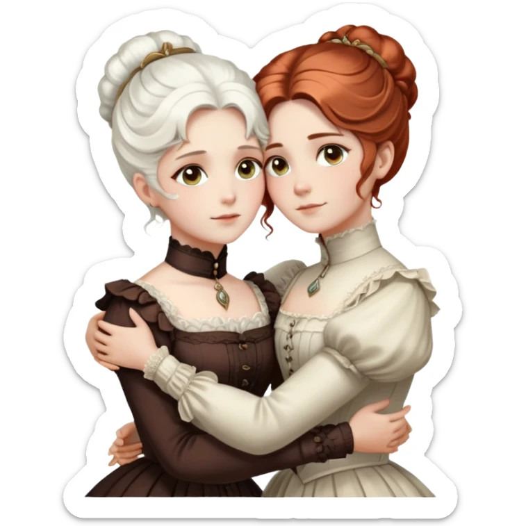 Two Victorian women embracing in a close hug, one with bright white coiffed hair and one with dark copper coiffed hair, both with light eyes, wearing Victorian high-neck dresses sticker