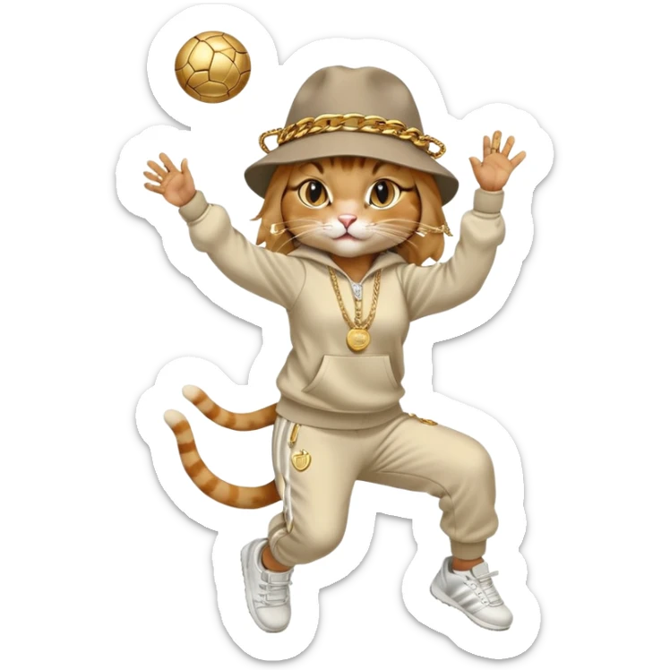 female cat dressed like Run DMC in tracksuit, fedora, Adidas shoes, lots of gold chains, rings, bracelets, earrings, catching a ball high in the air, no sunglasses sticker