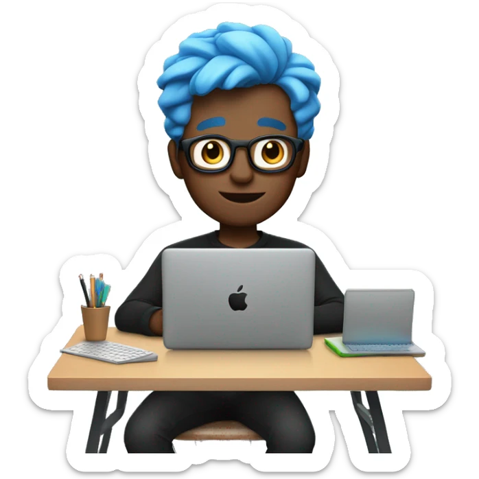 memoji of a man with a laptop in front, apple-style, modern, blue hair, black sweater, computer in hand, sites on a desk sticker