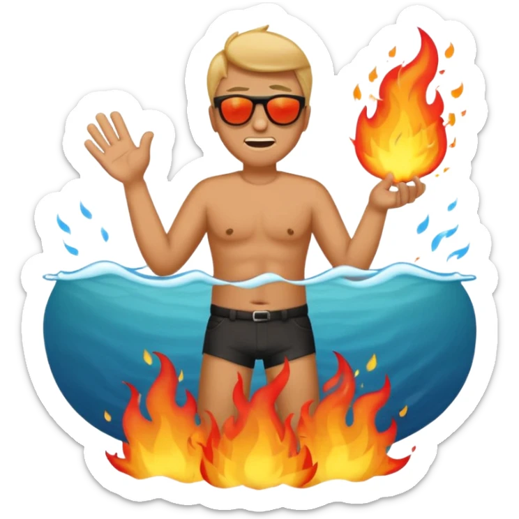 Comic emoji of man trying to fan himself because it's sunny then suddenly his butt is on fire but then it got bigger and then goes to the ocean but makes the fire bigger sticker