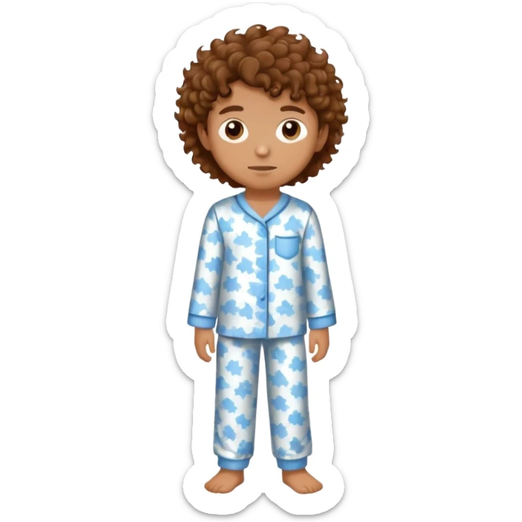 a boy with tan skin, brown curly hair, brown eyes, skinny, and wearing pajamas  sticker