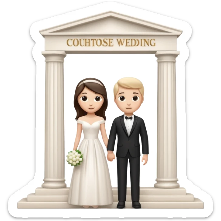 A 3D cartoon courthouse wedding venue with a bride and groom standing at the entrance, elegant white columns, soft natural lighting, simple modern decor, minimal background, realistic Memoji-style rendering. sticker