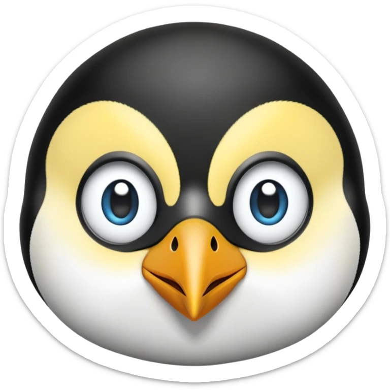 cinematic-cute-emperor-penguin-portrait-emoji,-head-tilted-playfully-and-inquisitively,-with-glossy,-pristine-plumage-accented-by-a-bright-beak-and-round,-sparkling-eyes-filled-with-curiosity,-simplified-yet-irresistibly-adorable-features zoomed into the face sticker