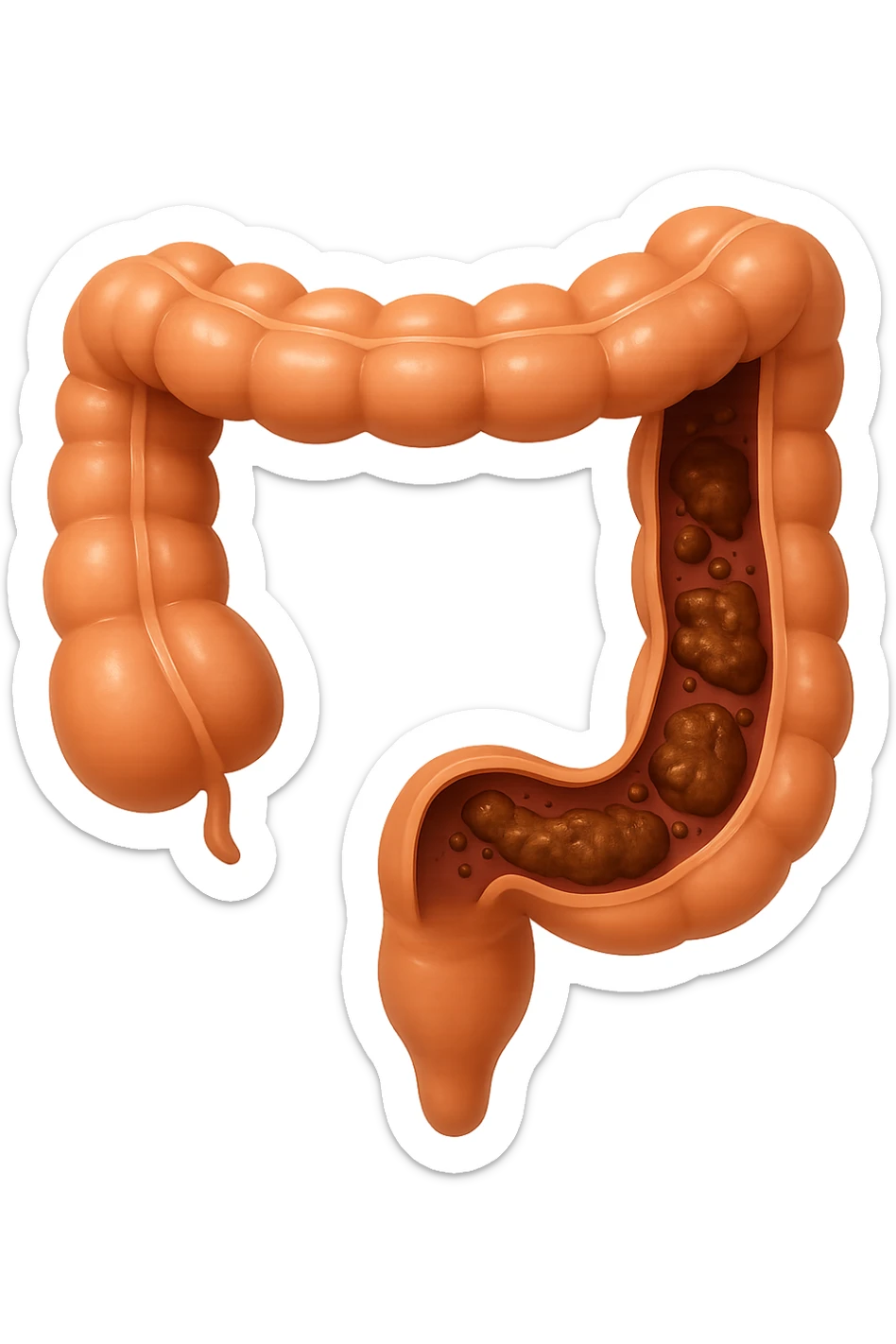 EMOJI STILE IPHONE DI UN TRATTO DI COLON INTESTINALE CHE FLUTTUA IN ARIA CON ALL'INTERNO DELLE FECI, IPERREALISTICO 4K sticker