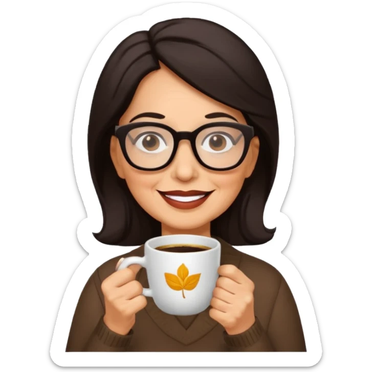 Happy Older Hispanic woman with dark hair wearing glasses, enjoying coffee 
 sticker