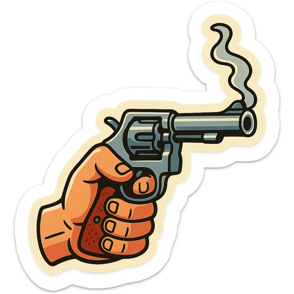 male hand holding a revolver, retro stickers style, clear black outlines, expressive shadows and highlights, no gradients, only sharp color transitions, revolver with smoke coming out of the barrel sticker