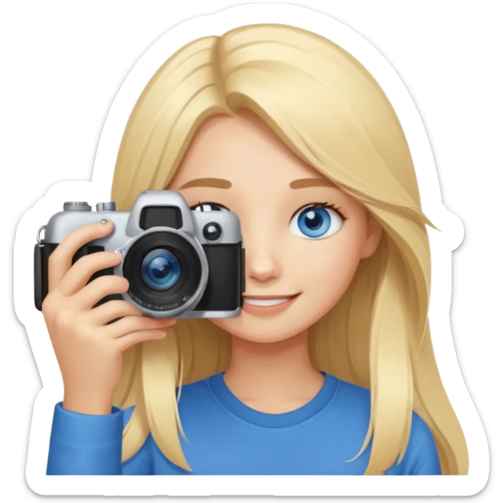  blue eyes blonde girl photographer cartoon taking picture in middle of taking picture camera in front of face long hair smiling funny flash professional, camera in front of face sticker