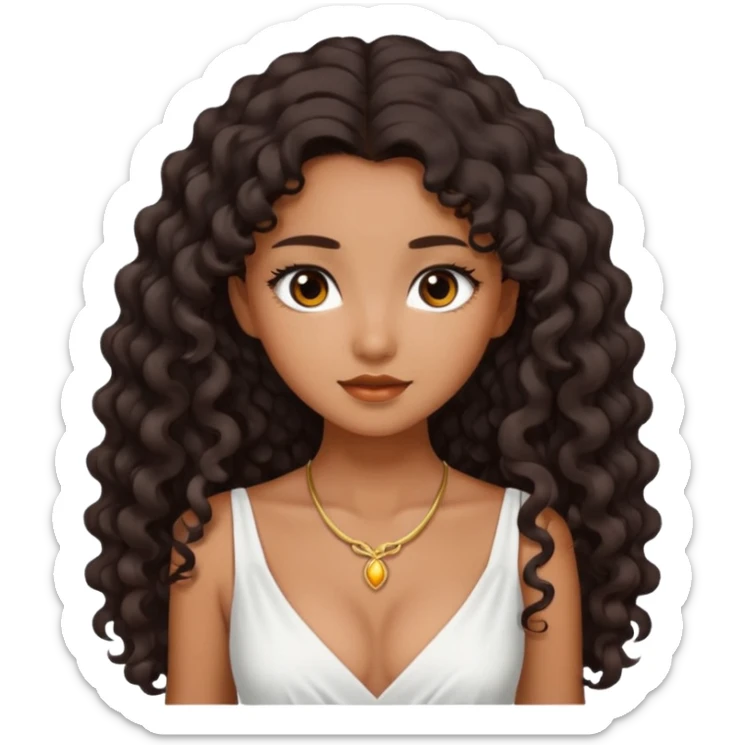 Dark tanned skin girl with very dark brown very long curly hair, very dark Asian eyes, white dress at neckline  sticker