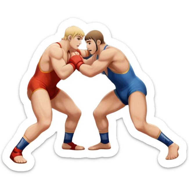 An icon showcasing two wrestlers engaged in a Greco-Roman wrestling match. The athletes are locked in a strong clinch, using their upper bodies to dominate. The background features a wrestling mat and traditional Greco-Roman elements. Transparent background. sticker