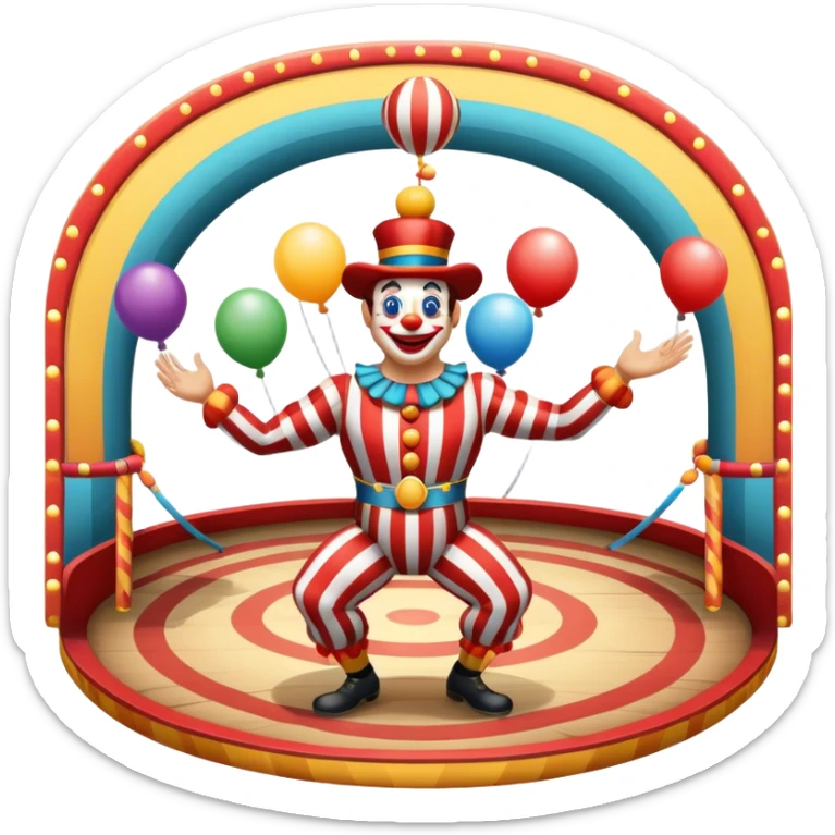 Icon for Circus Arts: a vibrant round circus arena with a strongman in a striped costume, a juggler, and a clown performing. The icon should convey the excitement and fun of circus performances, with focus on the performers and the colorful setting. Transparent background. sticker