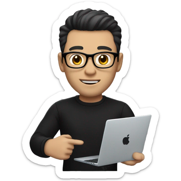     memoji of a man with a laptop in front, apple-style,modern,dark hair,black sweater,computer in hand,white skin, an avatar image gonna be round  sticker