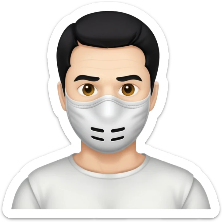 full face mask, shoulders, black hair, creepy man, 50 years old sticker