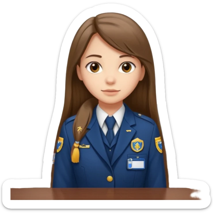 Young girl, long brown straight hair, wearing uniform jacket with hotel name badge, tasteful scarf, stand behind the desk

 sticker