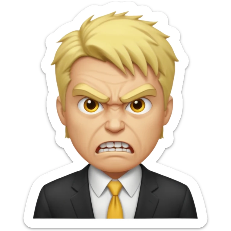 yellow round emoji face showing an angry and frustrated male boss expression, furrowed brows, clenched teeth, business attire hints sticker
