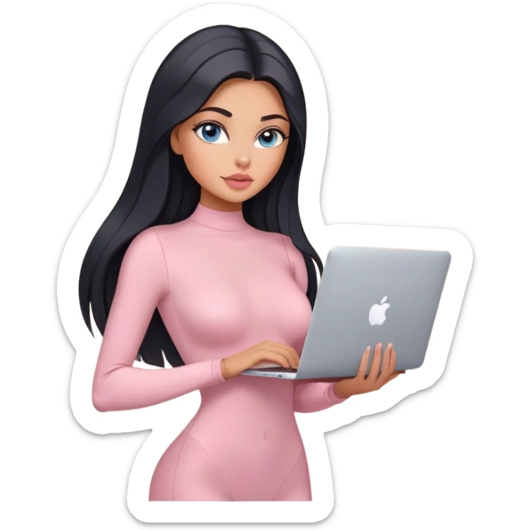 Glamours, tanned, very beautiful girl, with big pump peach-beige-rose lips, black straight smooth silky long hair, straight parting, blue-grey eyes, in light-pink bodysuit holding MacBook sticker