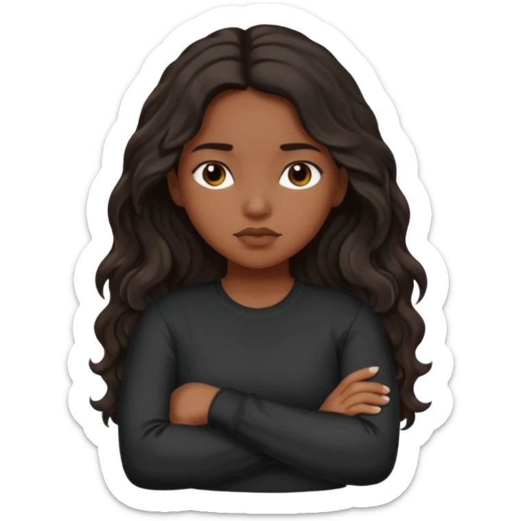 Hispanic girl dark long wavy hair crossing her arms with slight pout black long sleeve shirt sticker