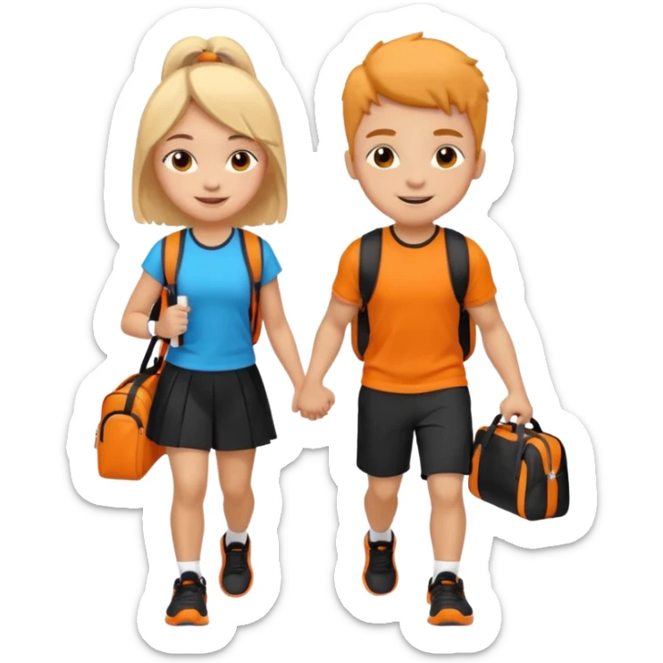 light skin students girl and boy with school bag full of books on back and dumbell in hand. Clothes are in black and orange colours. They are going to the gym sticker