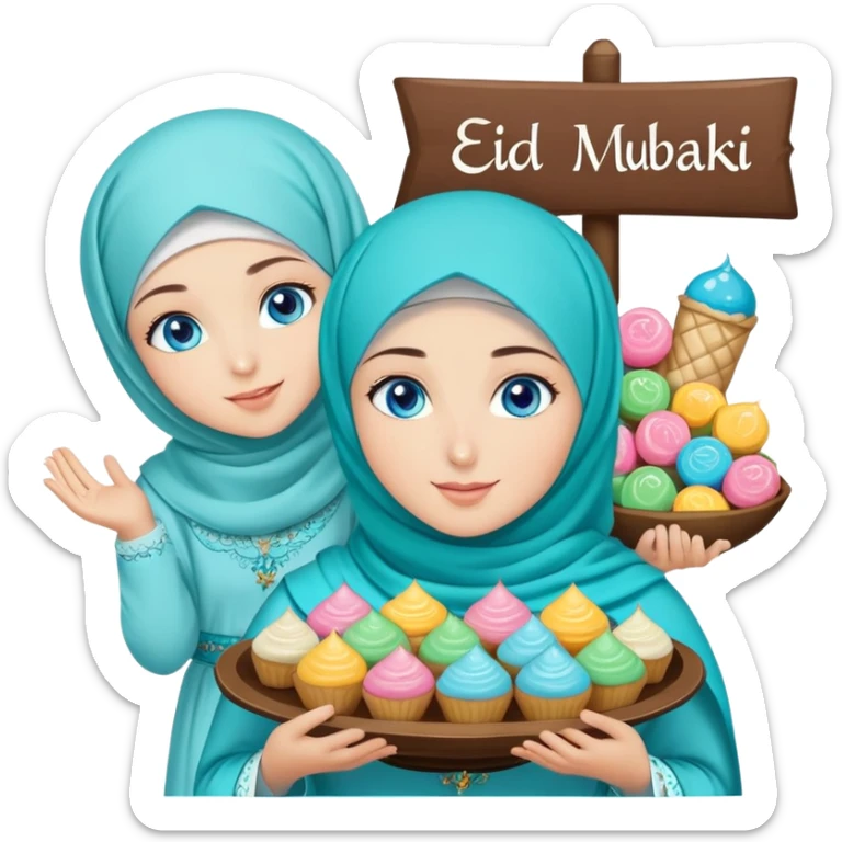 Turkish beautiful finish Konya girl blue eyes with turkis hijab islamic dress and had on her hand text Eid Mubarak with sweets and celebrating with her friends eid days   sticker