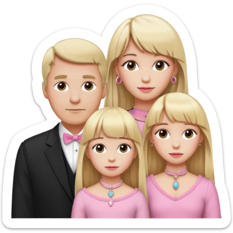a family of three. daughter, mom and dad. long elegant blonde hair with bangs. almost female blonde boy femboy trap t-girl cute feminine makeup gay lingerie. skinny  body.   pink choker. whore hoop earrings. sticker