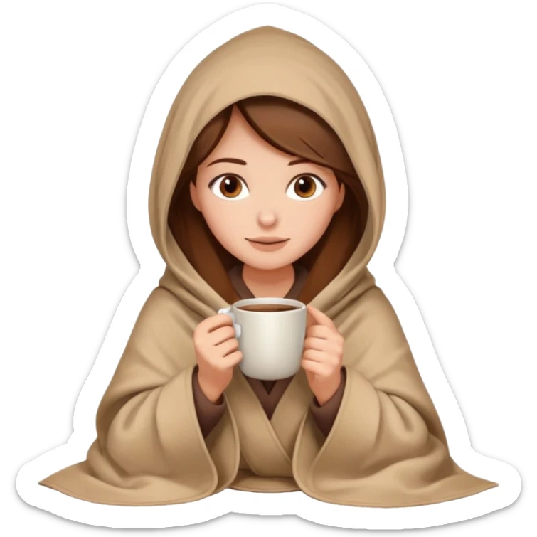 brown hair woman sitting under beige blanket, with a blanket over his head, holding cup of coffee, autumn mood sticker