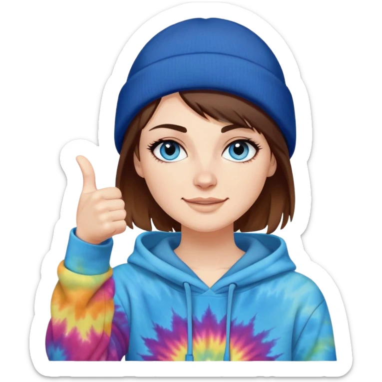 White woman with short brown hair  on her face under the beanie and blue eyes with long eyelashes and tiedye hoodie. i would like for her to be doing a thumbs up with one hand and be wearing a black beanie sticker