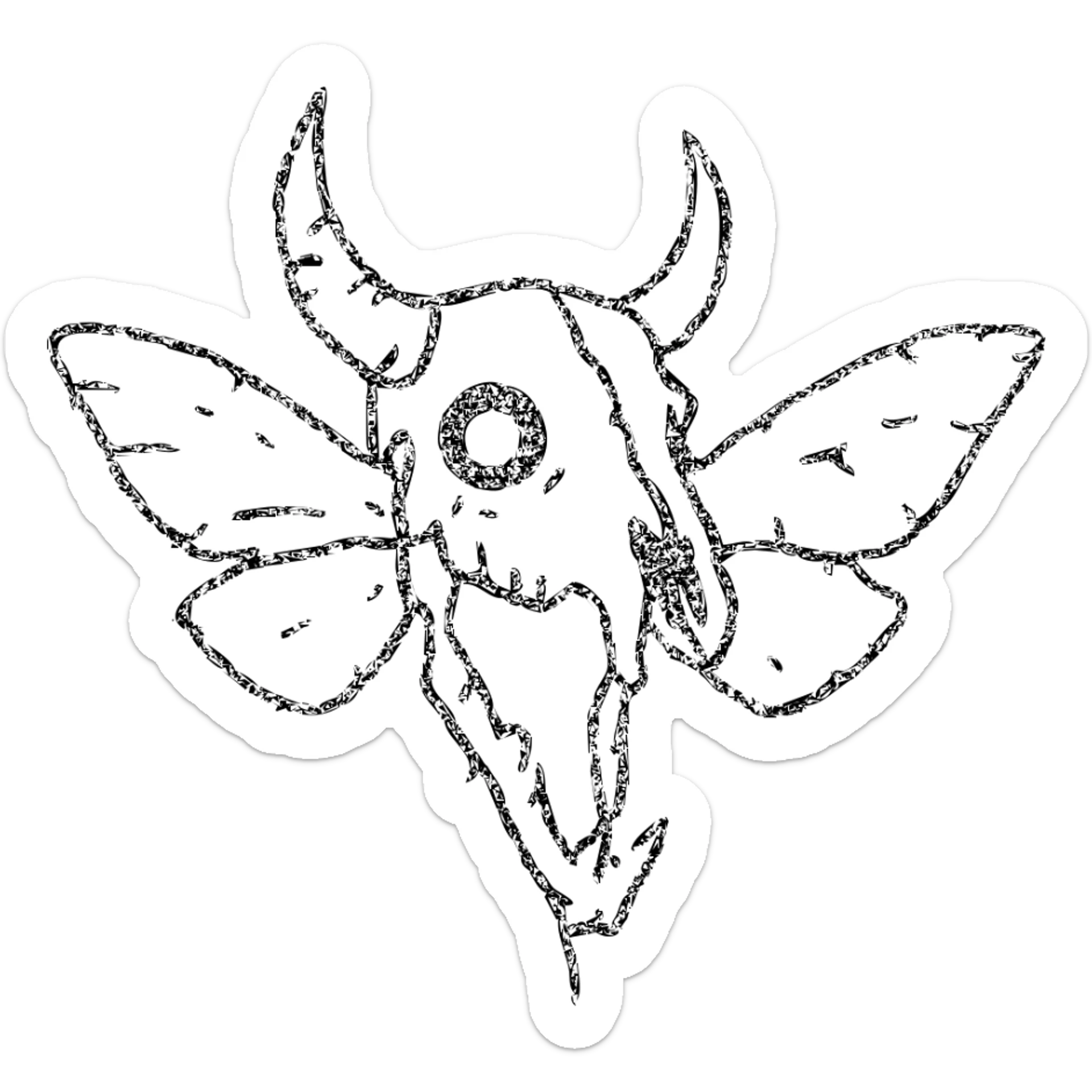 absolute horror: extremely minimal red line art of fused minotaur-stoat skull with broken horn and glowing eye, with moth wings, entirely hollow/transparent middle, severely deteriorated edges, 100% red color only, terrifying sparse lines, mostly missing perimeter, nightmarish and ancient sticker