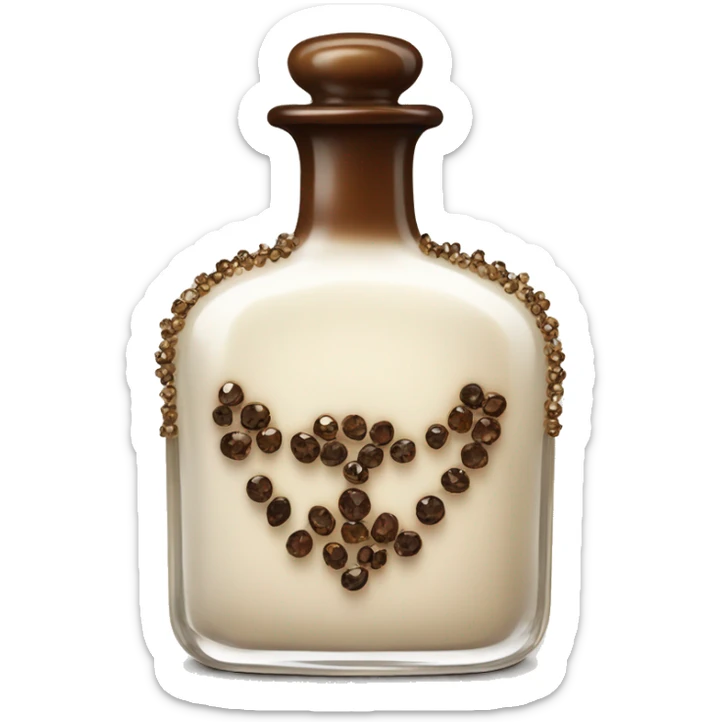 Antique parfumerie bottle with oil, made of bronze and brown crystals, white cream and coffee milk pour from the bottle sticker