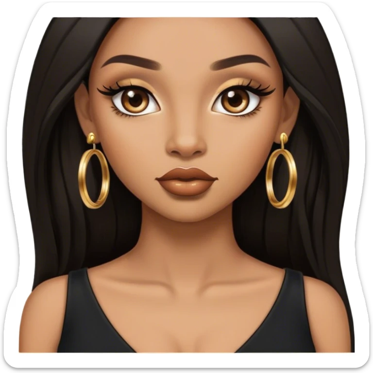 light brown skin tone, very beautiful woman, with big plump lips, long long lashes, black straight long hair, brown eyes, black dress, gold hoop earrings sticker