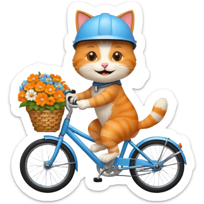 a-cheerful- cat-riding-a-blue-bicycle,-wearing-a-cute-helmet,-with-a-big-smile-and-a-basket-full-of-flowers-on-the-front.-bright,-cartoonish-style,-simple-and-fun. sticker