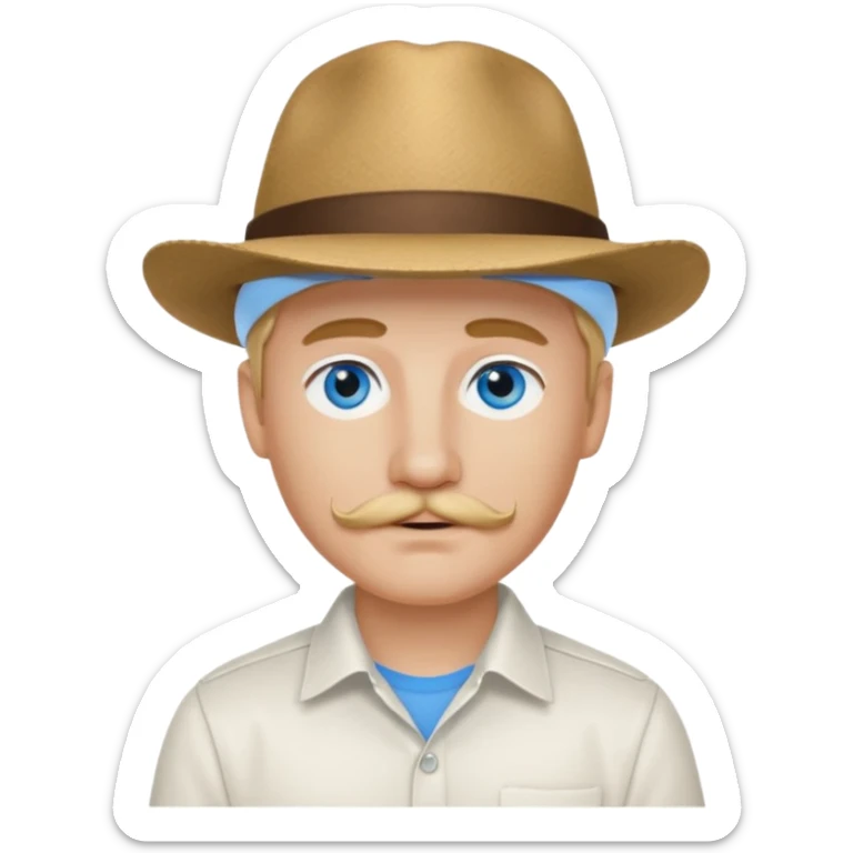 Justin Jeffre blue eyes, blonde hair and brown mustache, white shirt and hat sticker