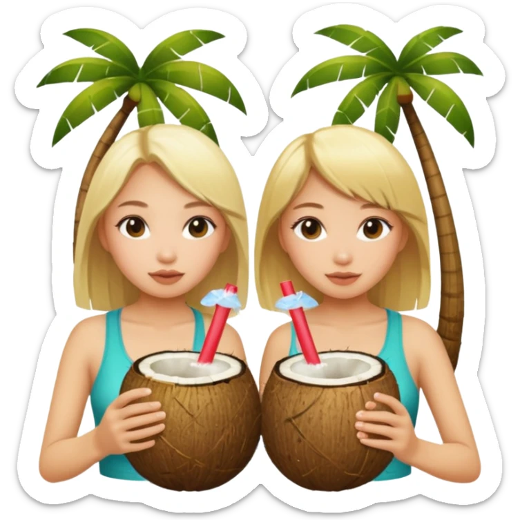 girls drinking out of a coconut one is Asian the other one is blonde  sticker