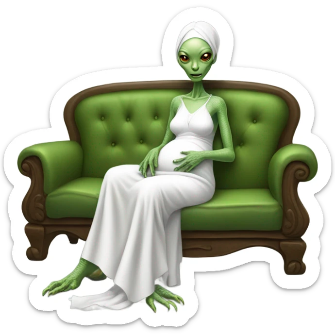 reptilian alien woman in white dress, pregnant, sitting on couch sticker