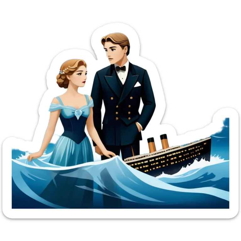 Icon for Titanic Movie: A vintage movie poster-style design featuring a dramatic scene of the ship, the iceberg, and a romantic silhouette of the main couple. Include elements like the ship’s bow, water splashes, and a starry sky in the background. Retro cinematic feel. Transparent background. sticker